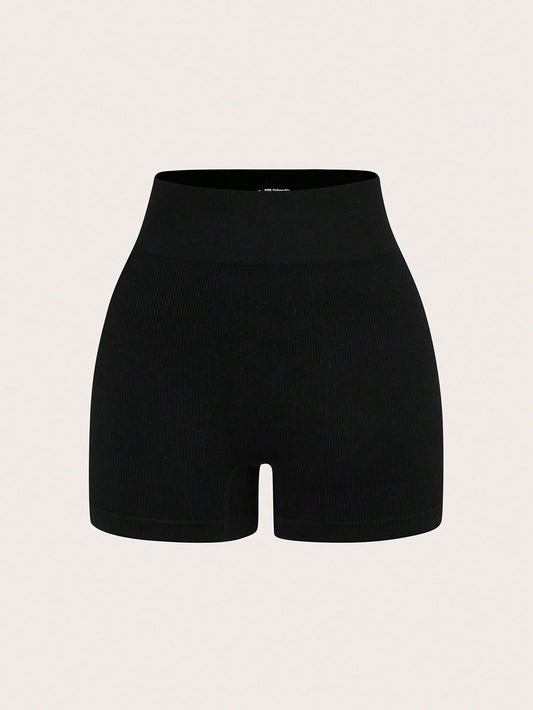 Shorts Esportivos Casuais Sem Costura em Malha de Cor Sólida, Shorts Confortáveis para Look de Verão Feminino