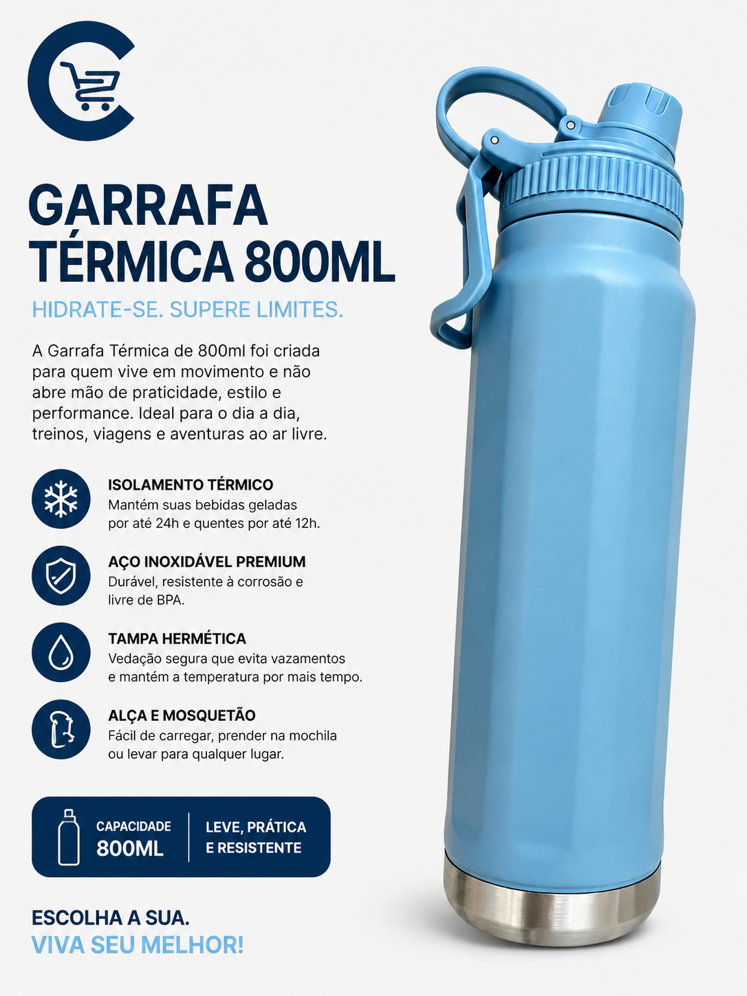 Garrafa Termica 800 ML Cores Variadas Hidrate-Se. Supere Limites.